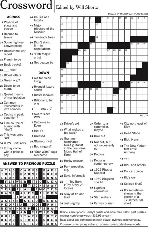 This crossword clue might have a different answer every time it appears on a new New York Times Puzzle, please read all the answers until you find the one that solves your clue. Today's puzzle is listed on our homepage along with all the possible crossword clue solutions. The latest puzzle is: NYT 03/03/24. Search Clue: OTHER CLUES 3 MARCH.